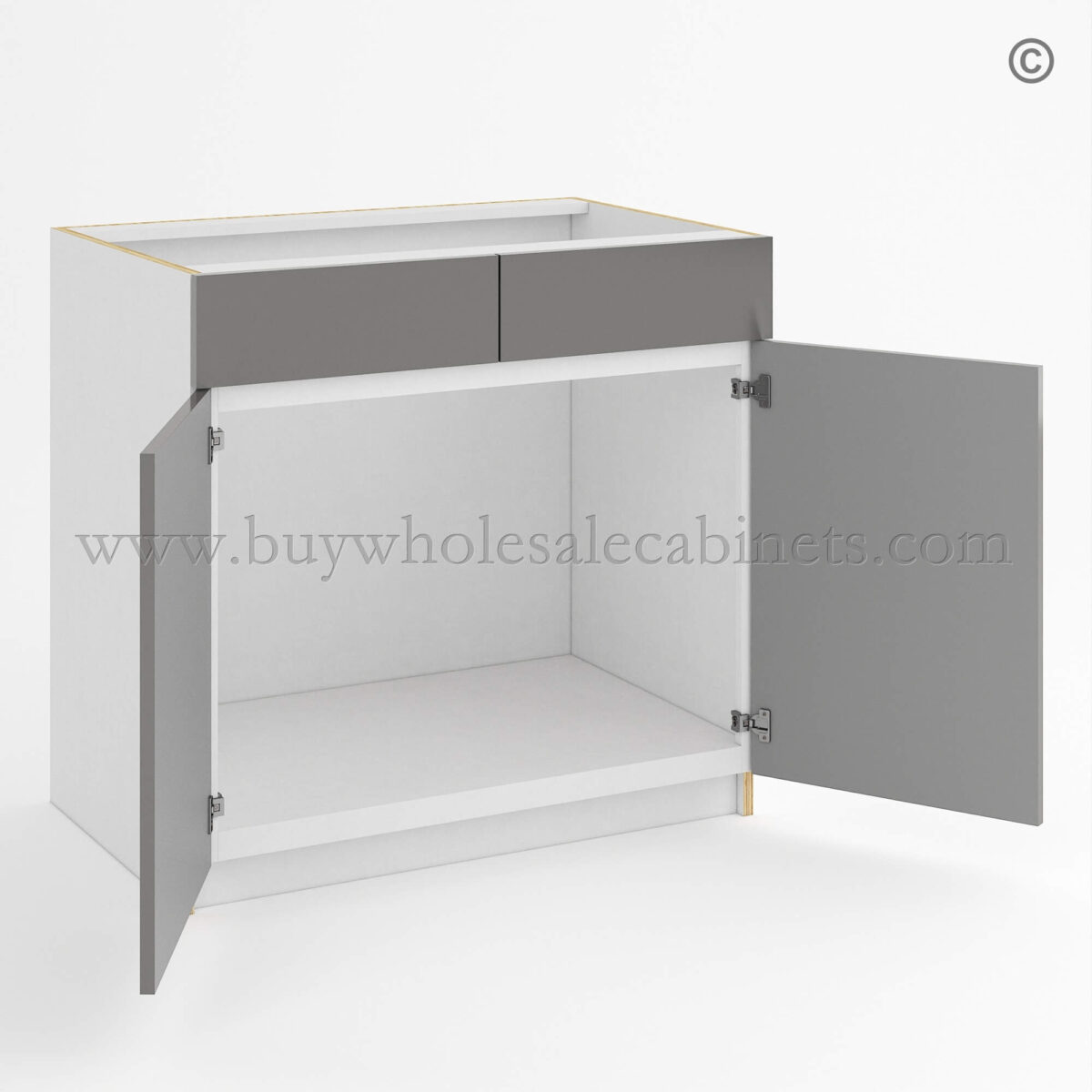 Frameless Gloss Gray Sink Base With Double Doors and Double Dummy Drawer, wholesale cabinets, base cabinets