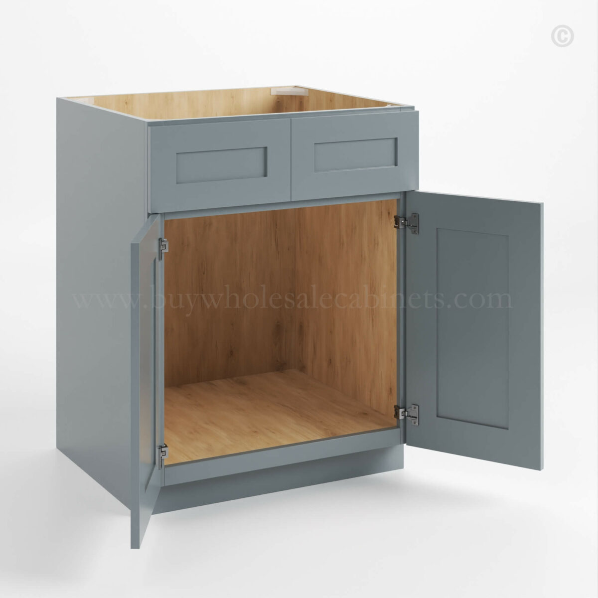 Gray Shaker Sink Base With Double Doors and Drawers