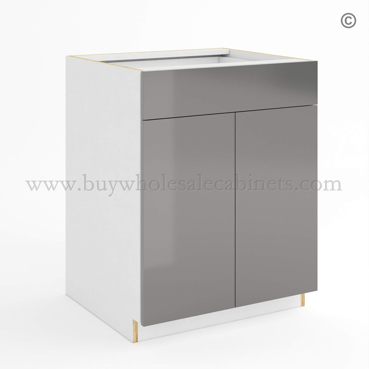 Frameless Gloss Gray Base Cabinet Double Door and Single Drawer, wholesale cabinets, base cabinets