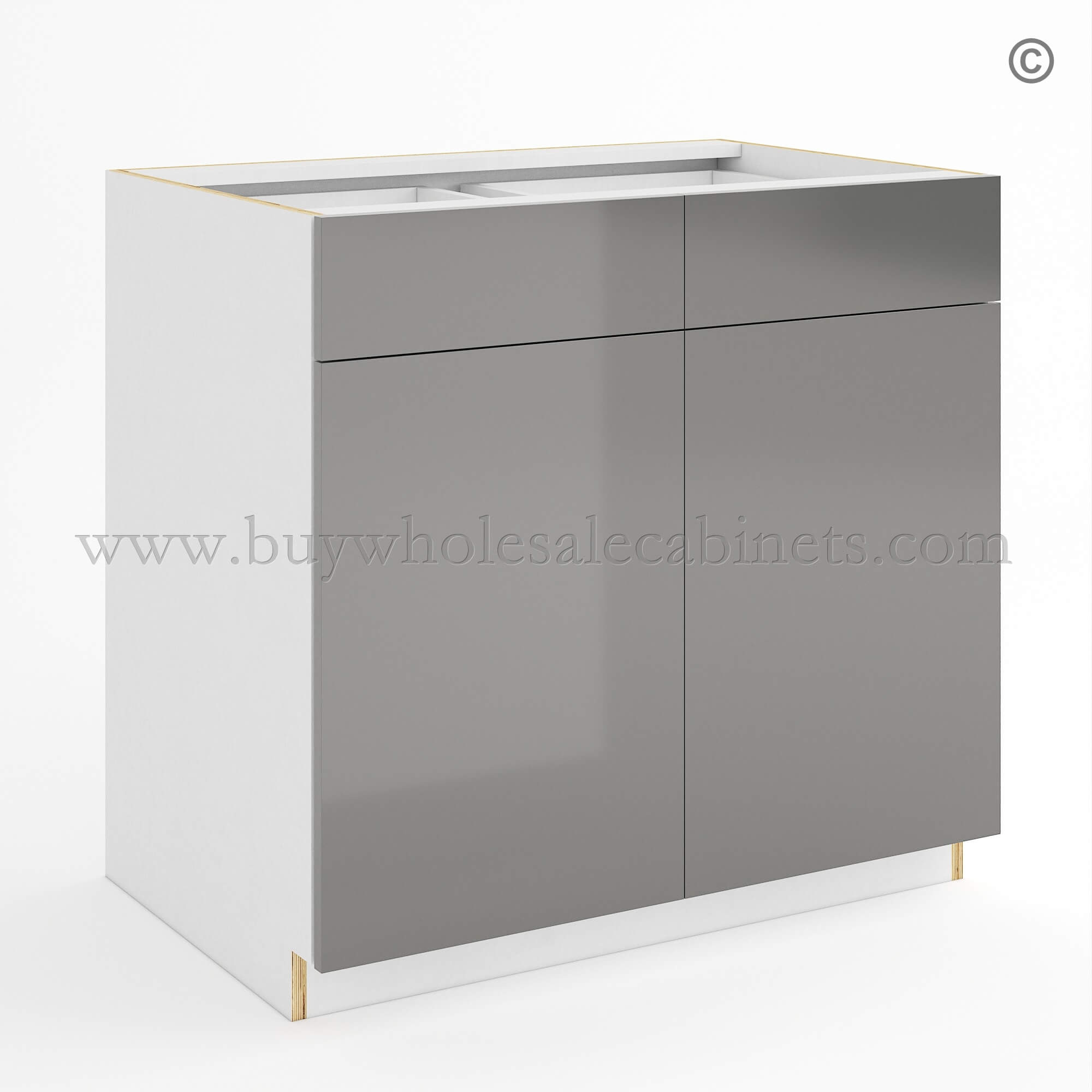 Frameless Gloss Gray Base Cabinet Double Door and Double Drawer, rta cabinets, base cabinets