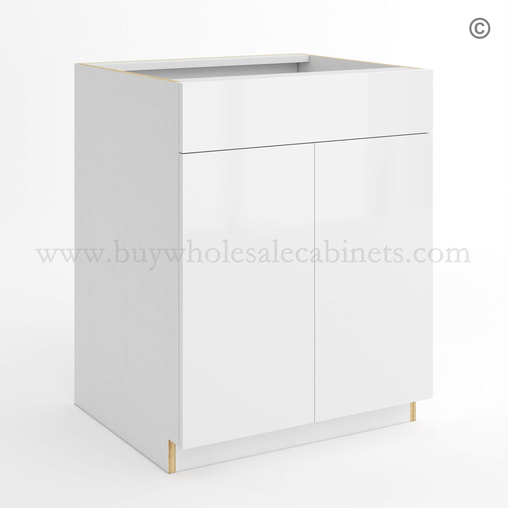 Frameless Gloss White Sink Base With Double Doors and Single Dummy Drawer, rta cabinets