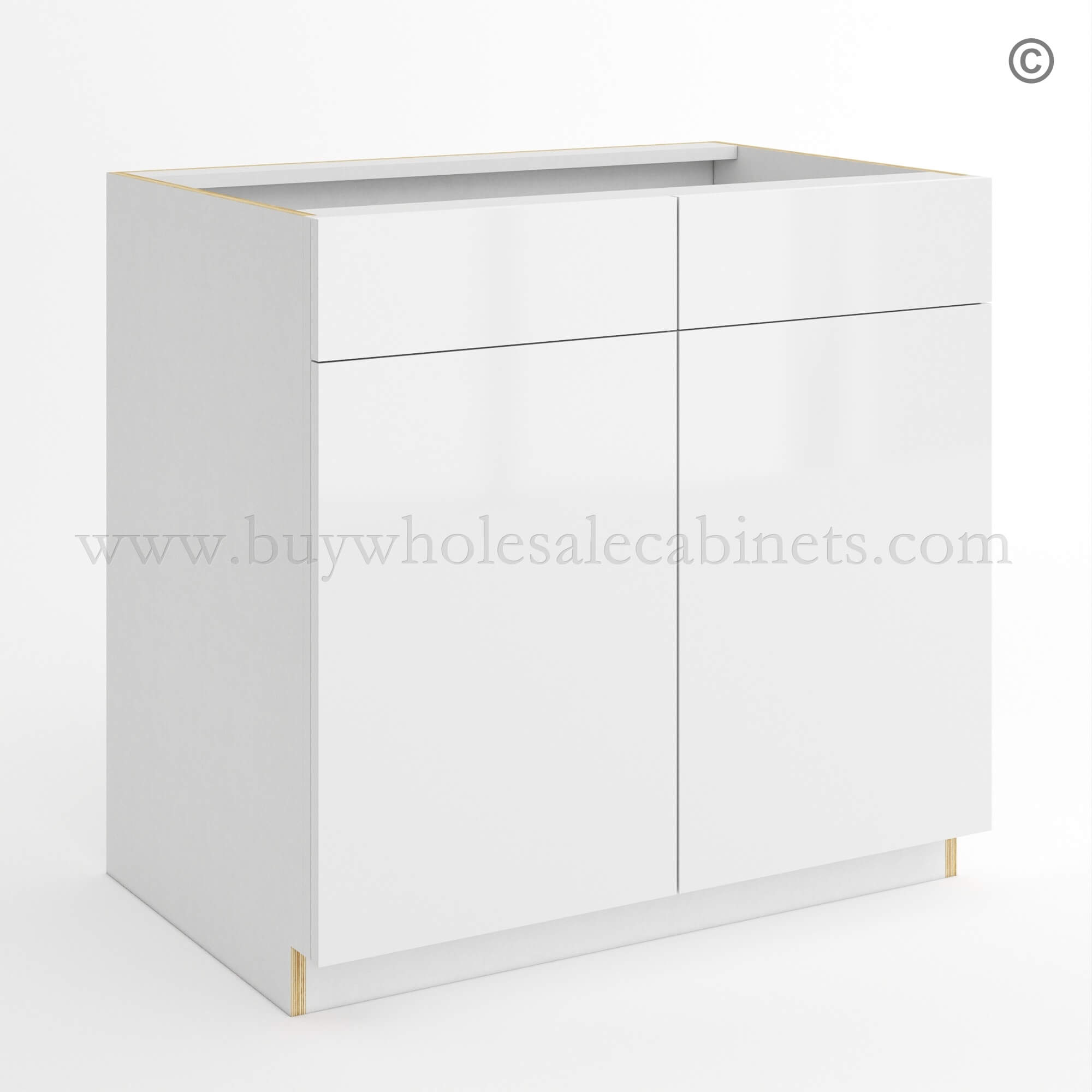 Frameless Gloss White Sink Base With Double Doors and Double Dummy Drawer, rta cabinets