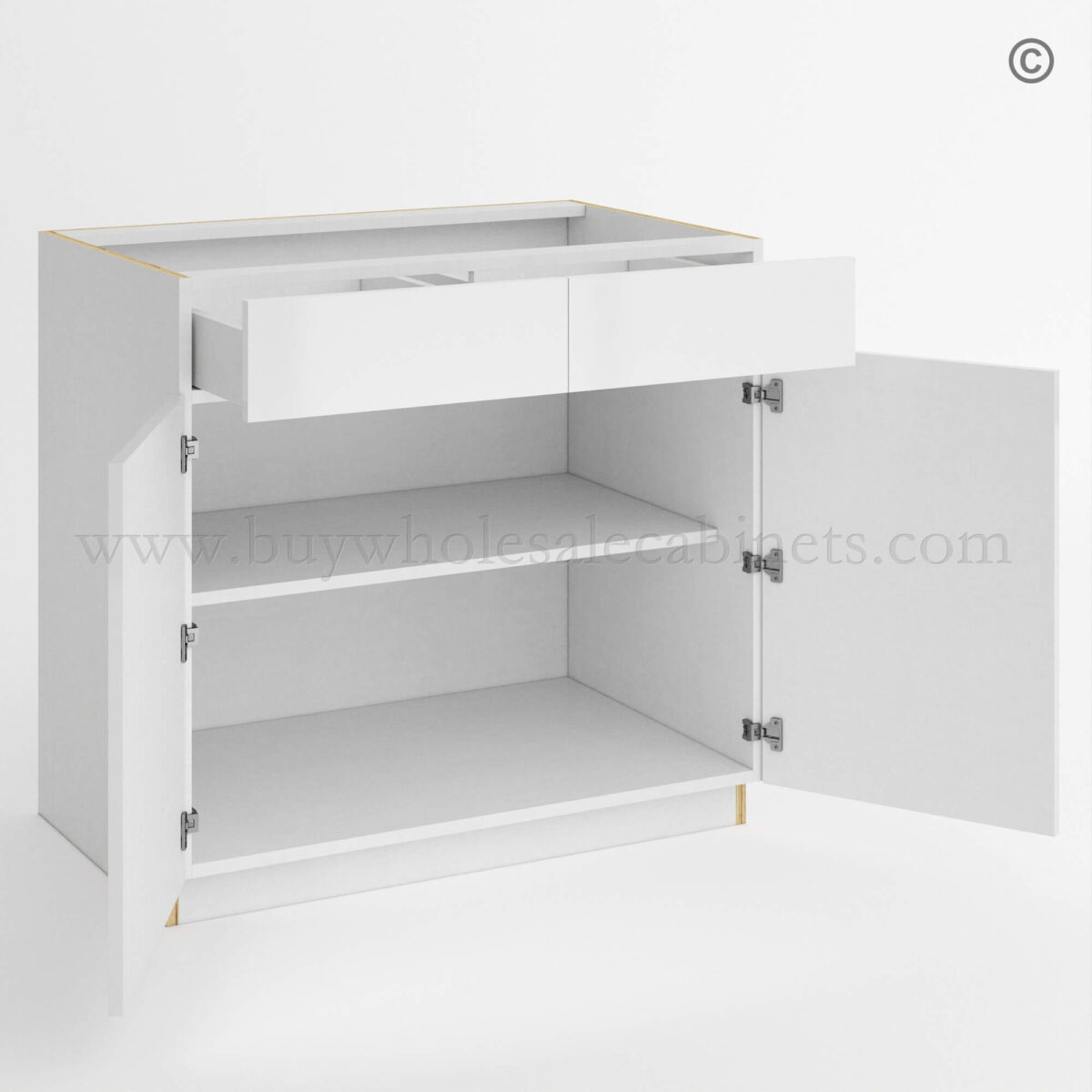 Frameless Gloss White Base Cabinet Double Door and Double Drawer, rta cabinets, base cabinets