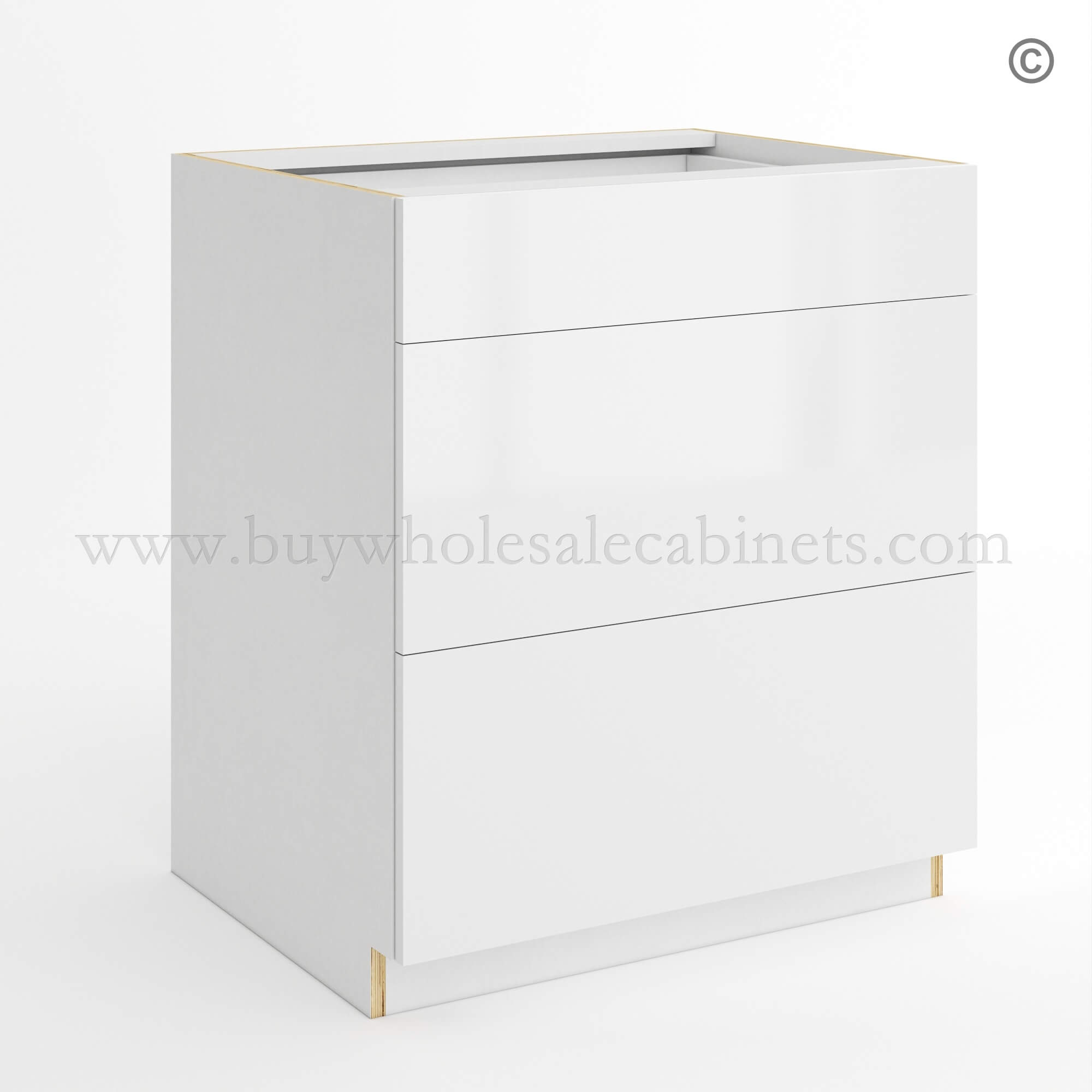 Frameless Gloss White Three Drawer Base Cabinet, rta cabinets