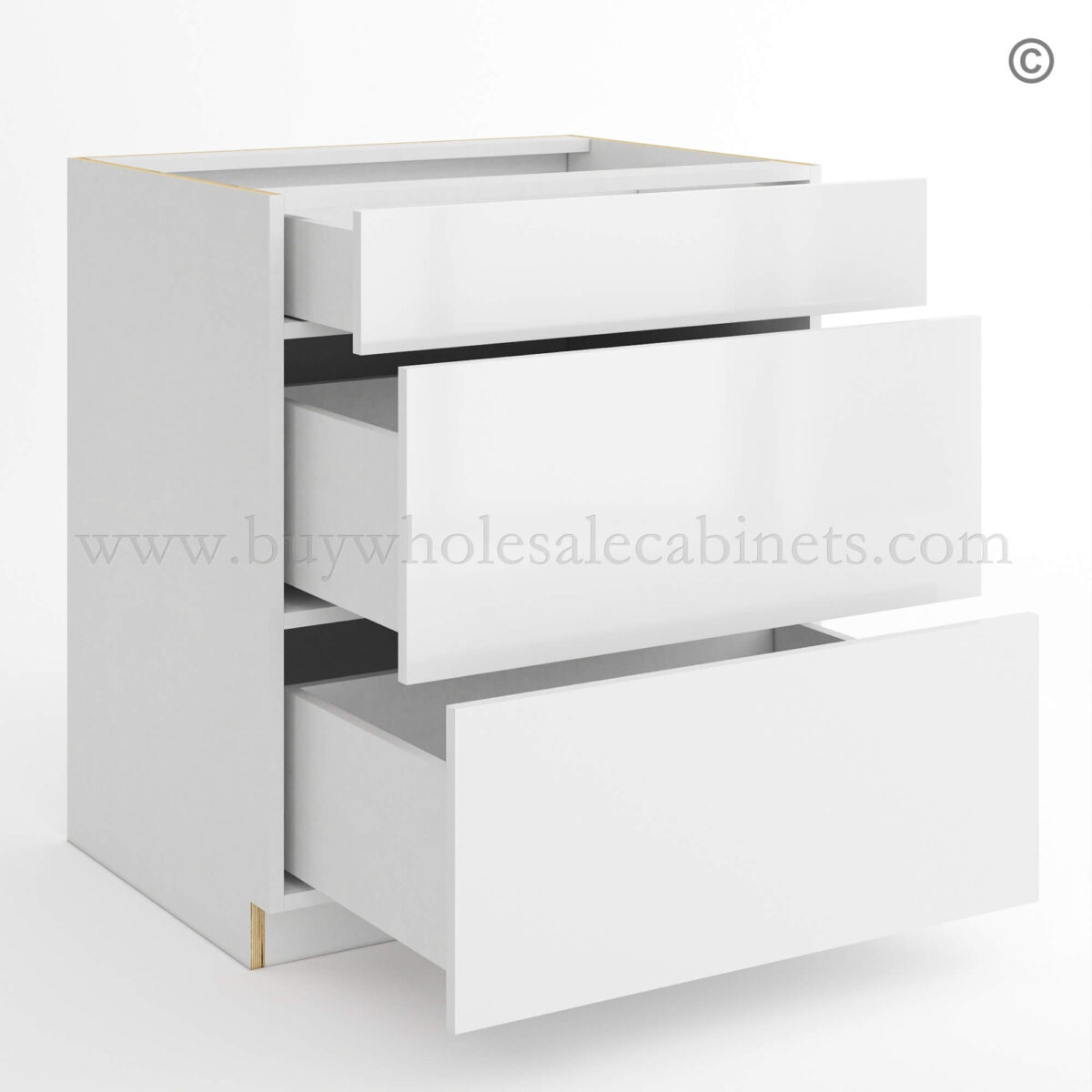 Frameless Gloss White Three Drawer Base Cabinet, rta cabinets